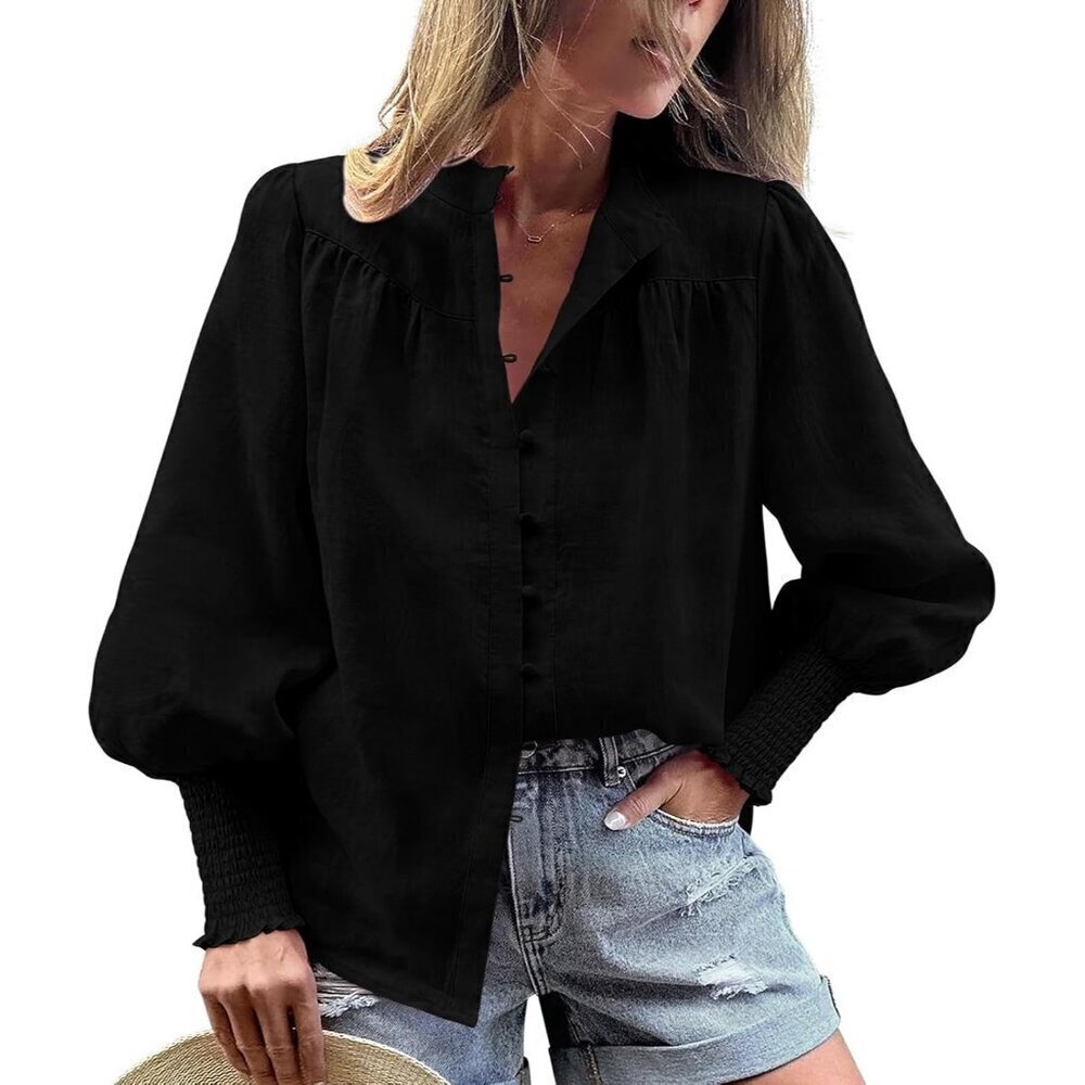 Women V Neck Lantern Long Sleeve Blouses Dressy Casual Smocked Button Down Shirt